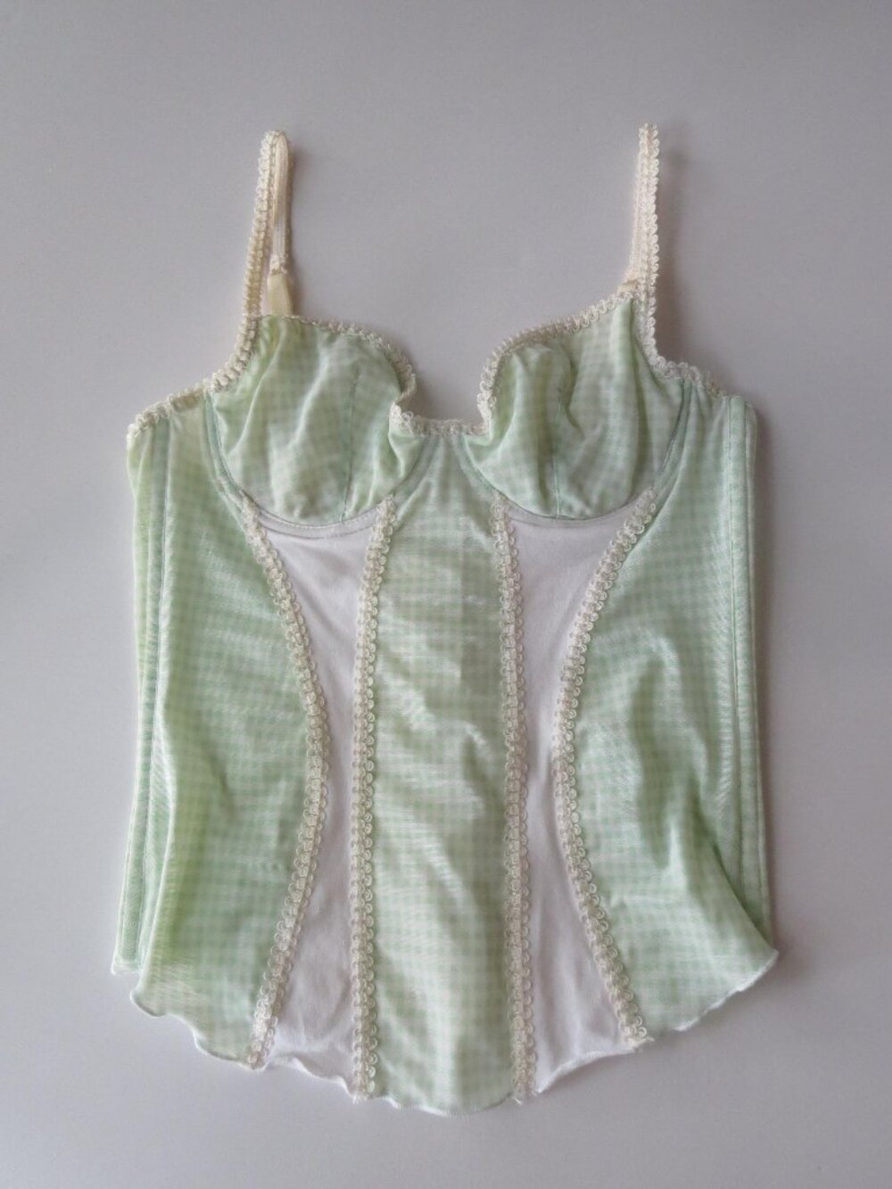 Vintage Italian Intimissimi Mint Green Checked Bustier, Gingham 2000s Lace Mesh